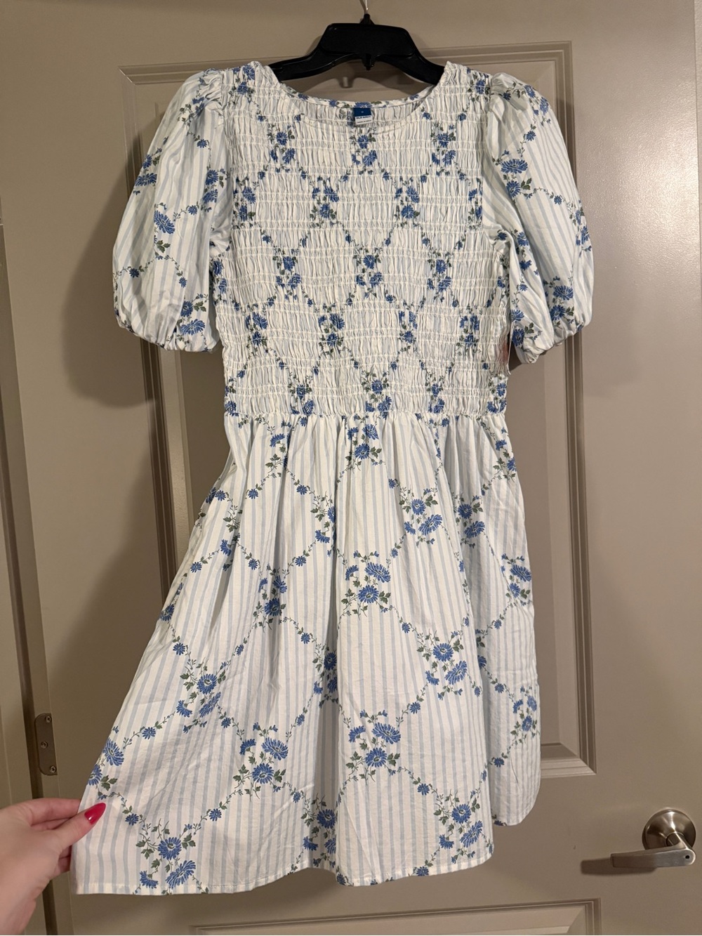 Old Navy NWT Blue White Floral 100% Cotton Puff Sleeve Mini Dress - Size Small